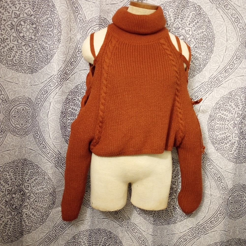Favlux Womens Knit Cold shoulder Lace Up Sleeve Sweater Size Medium Burnt Orange